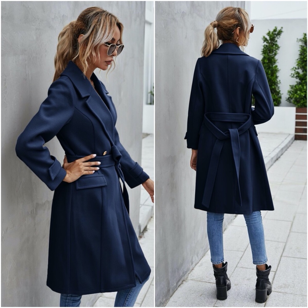 Trench Coat Double Breast Buttons belt pea coat - Picture 15 of 16